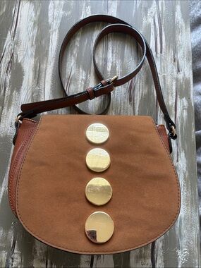 Brown 2 Tone Suede/Faux Leather Crossbody Bag with Gold Disc Accents